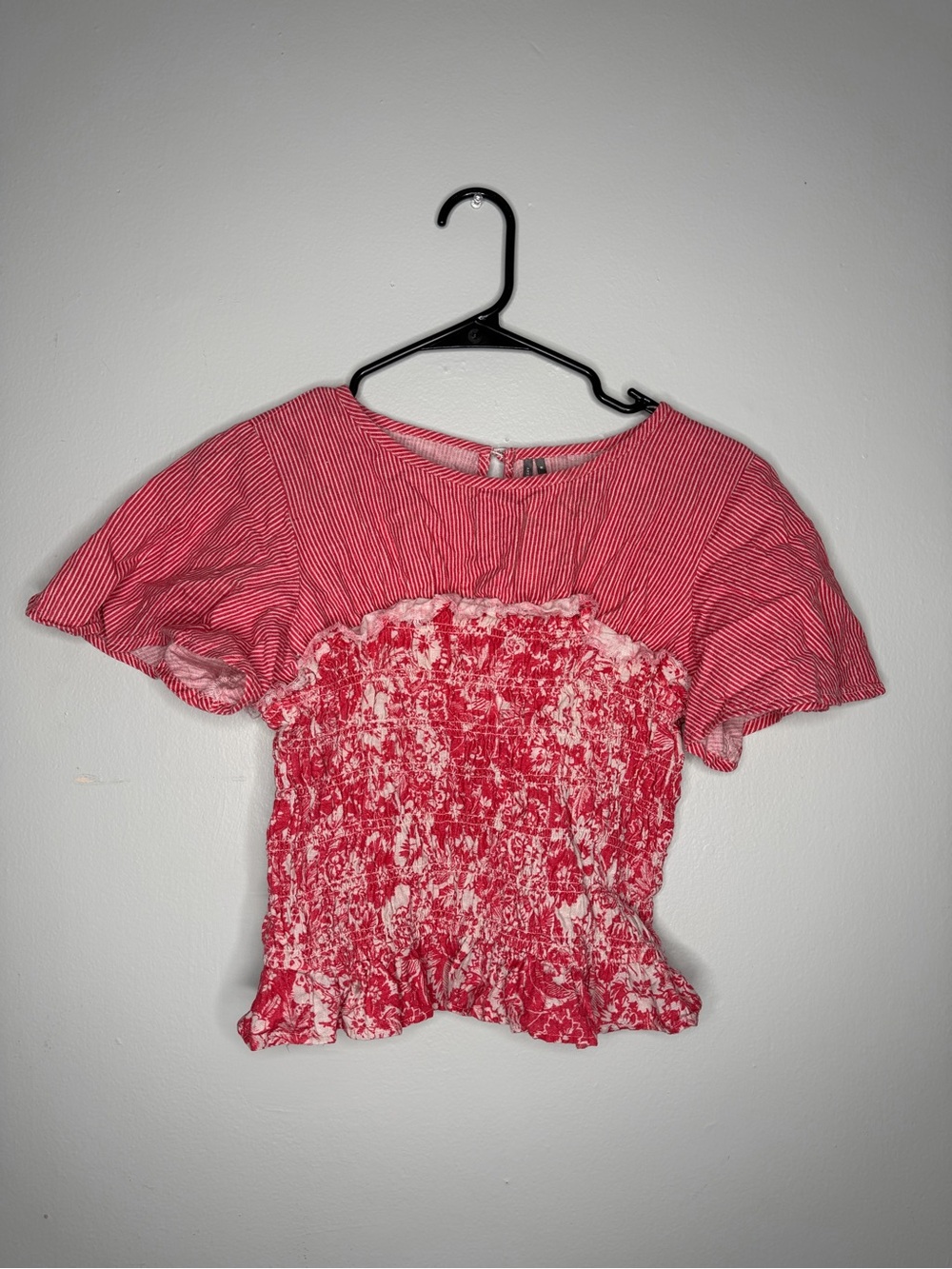 Anthropologie Short-Sleeve Smocked Linen Twofer Top Medium Pink striped floral